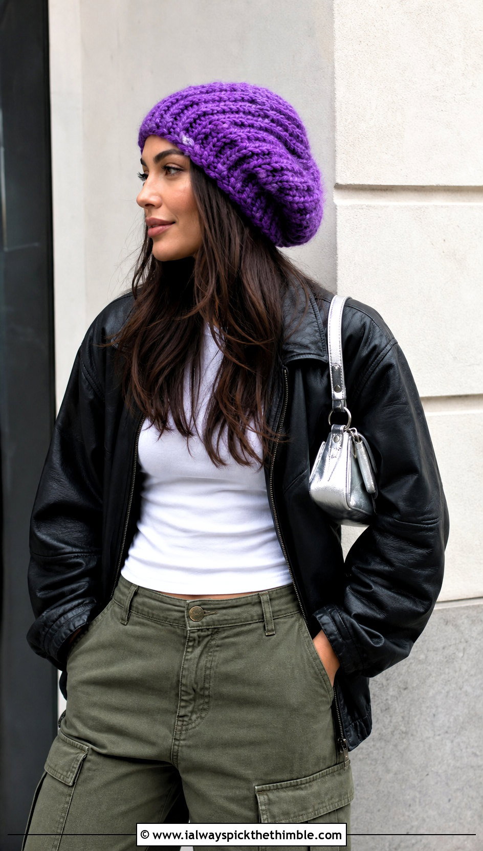 Chunky Crochet Slouchy Beanie With Leather Jacket And Cargo Pants - 15 Simple Chunky Crochet Hat outfit ideas