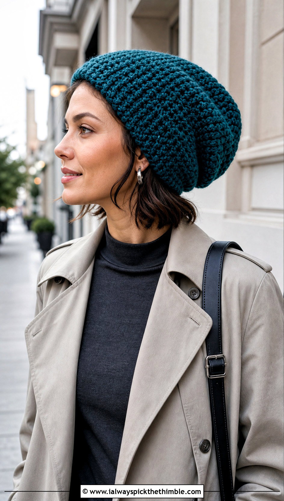 Chunky Crochet Slouchy Beanie With Trench Coat - 25 chunky crochet hat outfit ideas