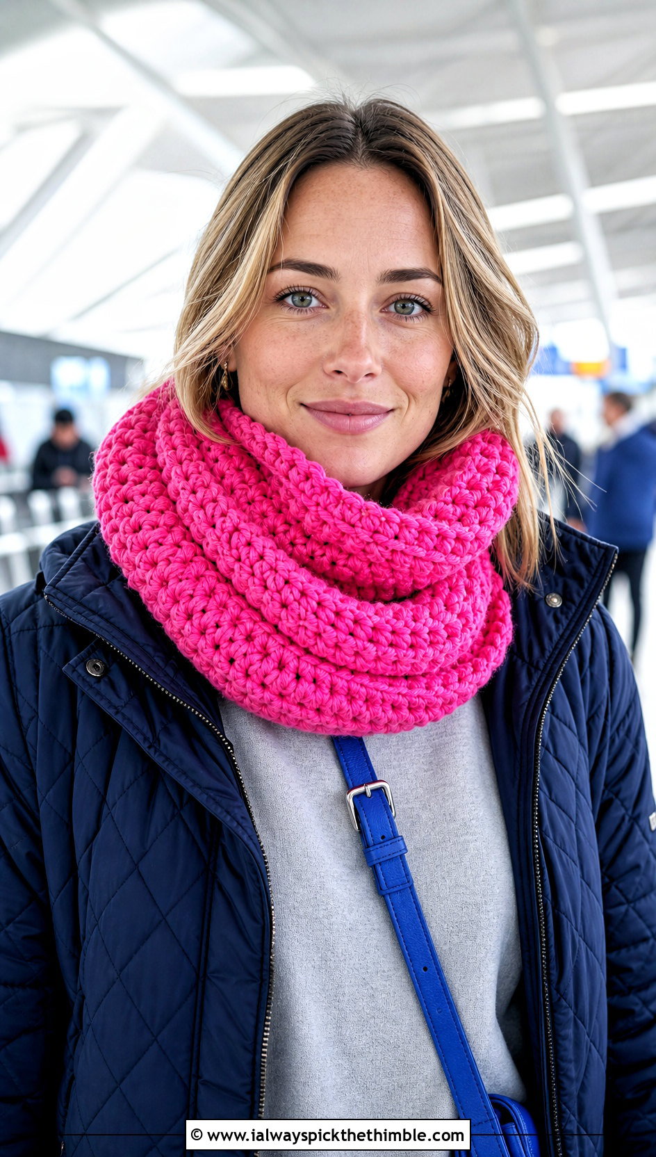 Chunky Crochet Snood Scarf With Quilted Coat - 15 Crochet Scarves Chunky Yarn outfit ideas