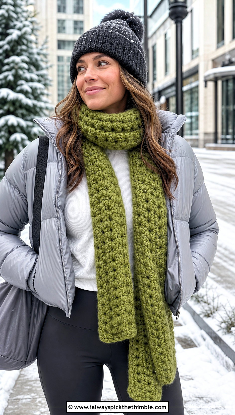 Chunky Crochet Sophie Scarf With Puffer Jacket And Leggings - 25 crochet sophie scarf outfit ideas