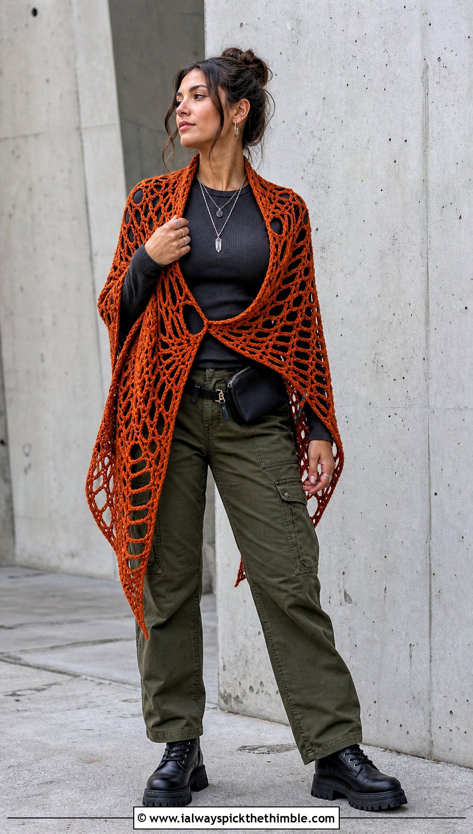 Chunky Crochet Spiderweb Shawl With Cargo Pants - 20 Crochet Spiderweb Shawl outfit ideas