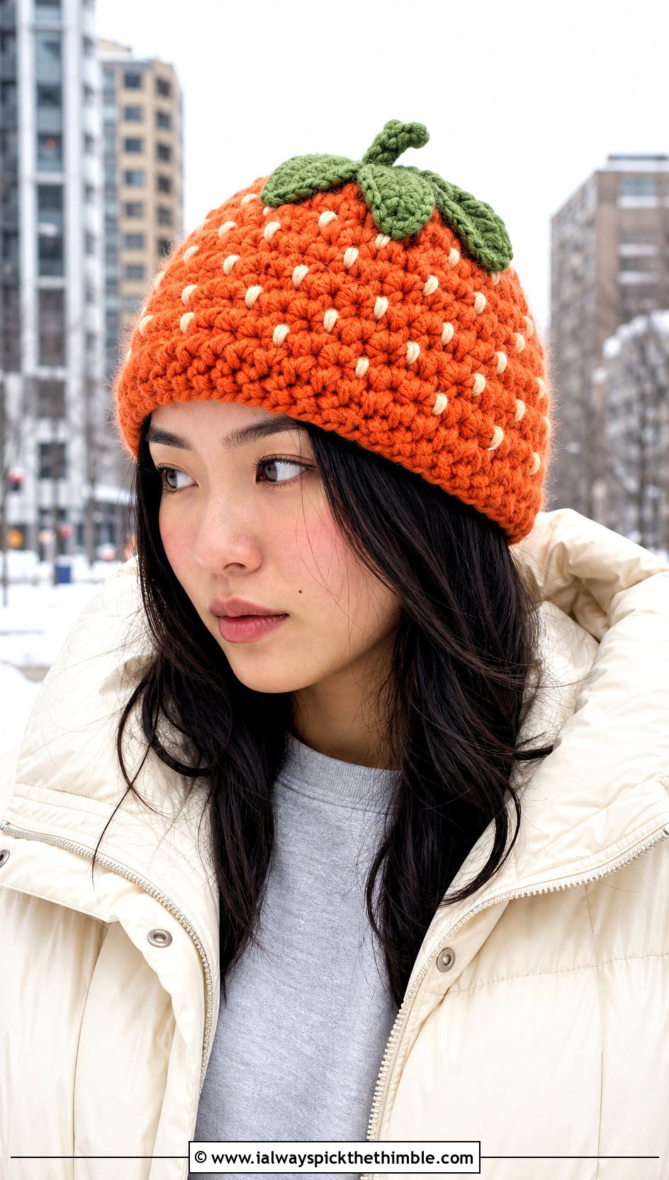 Chunky Crochet Strawberry Beanie With Puffer Jacket - 20 Crochet Strawberry Beanie outfit ideas