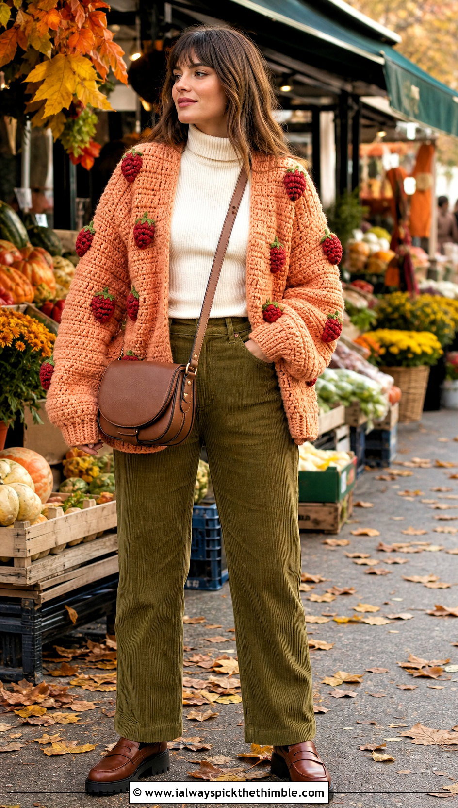 Chunky Crochet Strawberry Cardigan With Corduroy Pants - 25 crochet strawberry cardigan outfit ideas