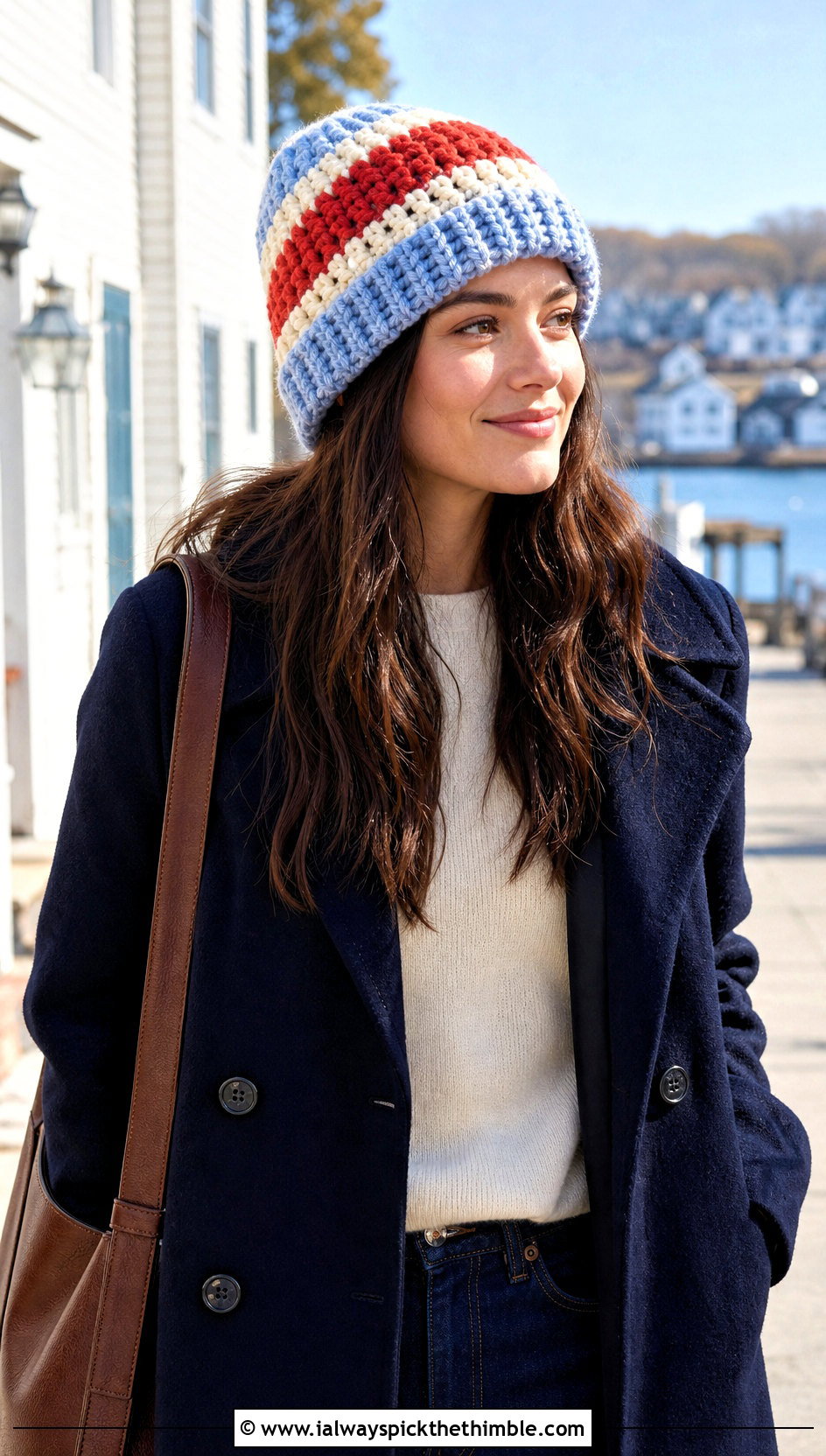Chunky Crochet Striped Beanie With Peacoat - 25 chunky crochet hat outfit ideas