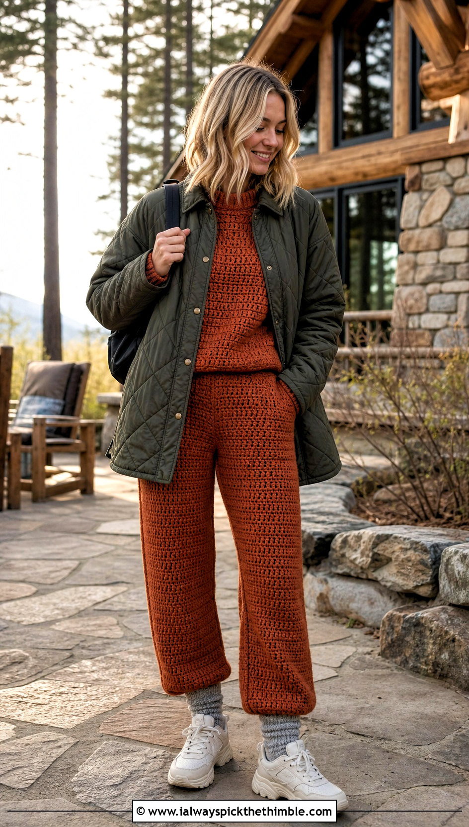 Chunky Crochet Sweater And Knit Pants Set With Hiking Sneakers - 20 Crochet Sweater Set outfit ideas
