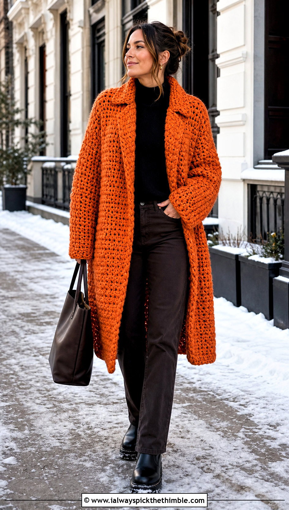 Chunky Crochet Sweater Coat With Coated Jeans - 20 crochet long cardigan sweater coats outfit ideas