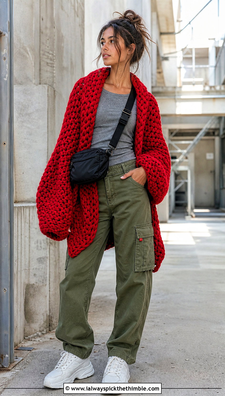 Chunky Crochet Sweater Scarf With Cargo Pants - 25 crochet sweater scarf outfit ideas