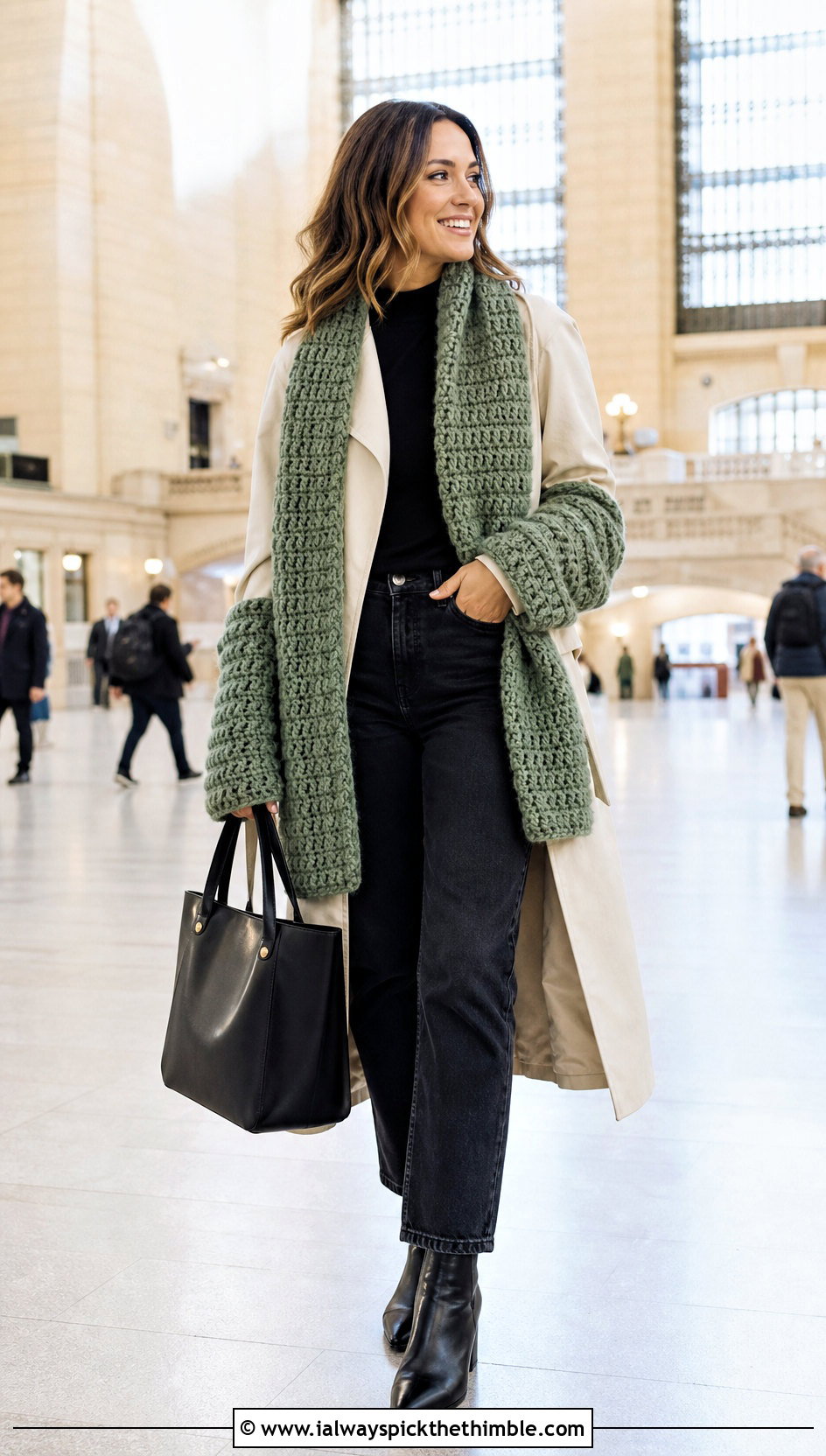 Chunky Crochet Sweater Scarf With Trench Coat - 20 crochet sweater scarf with sleeves outfit ideas