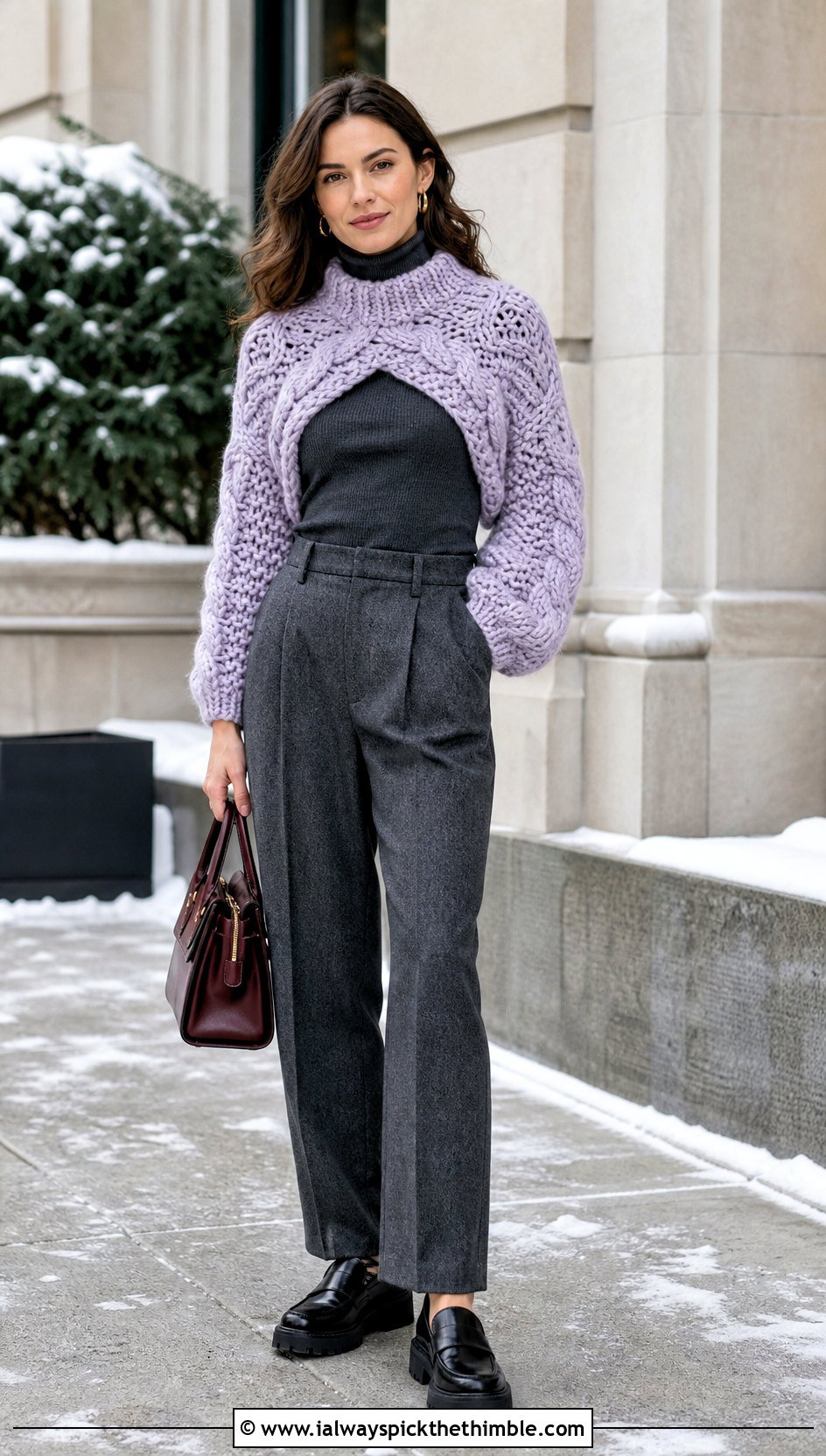 Chunky Crochet Sweater Shrug With Wool Trousers - 20 crochet sweater shrug outfit ideas