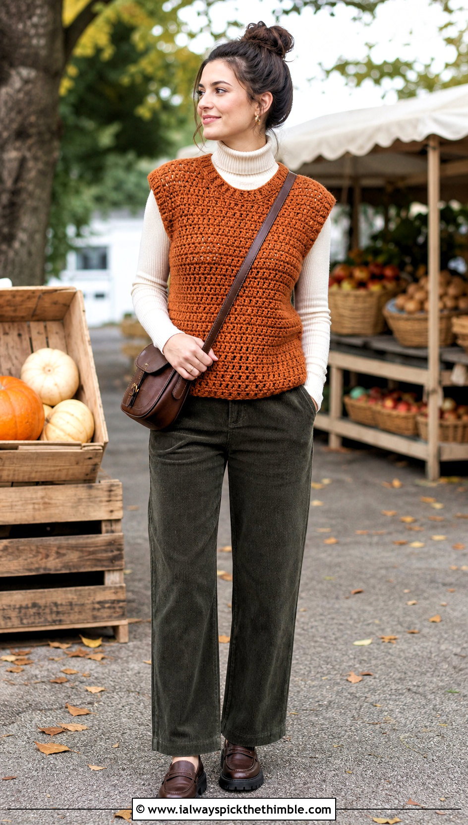 Chunky Crochet Sweater Vest With Corduroy Pants - 15 Handmade Crochet Sweater Vest outfit ideas