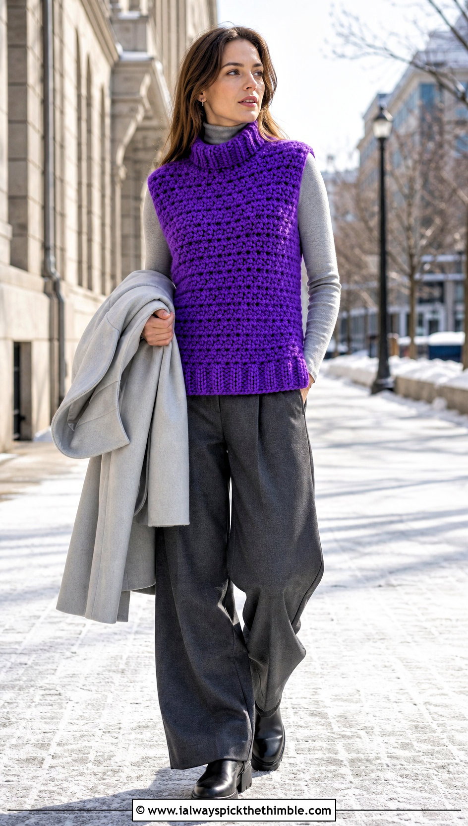 Chunky Crochet Sweater Vest With Turtleneck And Wool Pants - 25 crochet sweater vest outfit ideas