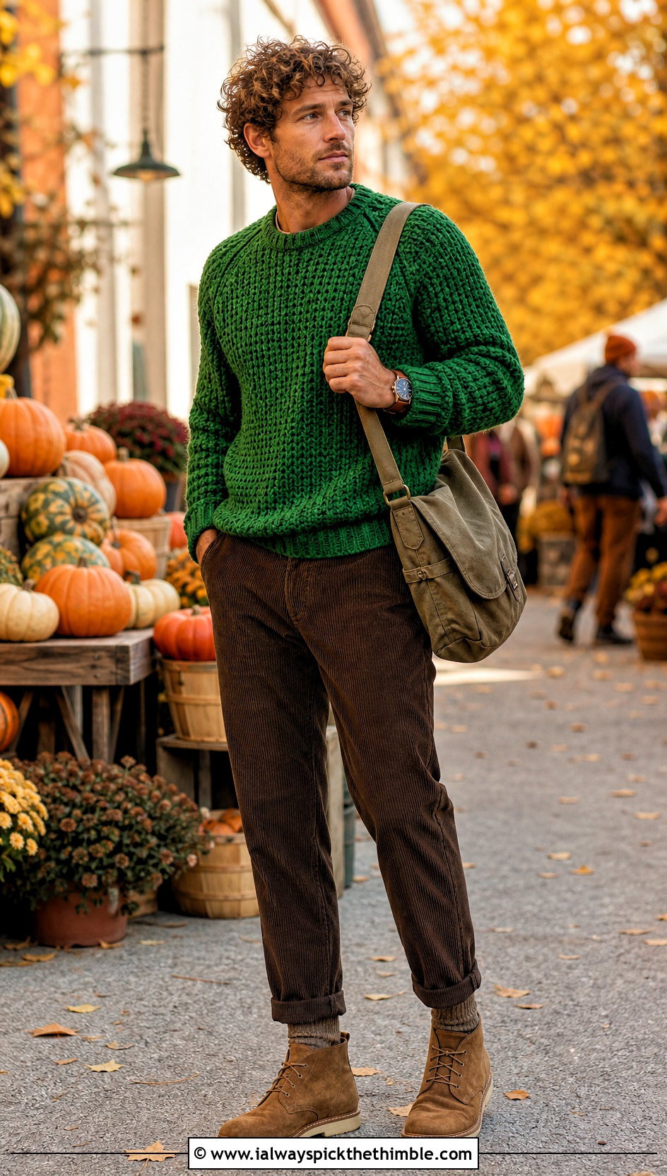 Chunky Crochet Sweater With Corduroy Pants - 20 crochet sweater for man outfit ideas