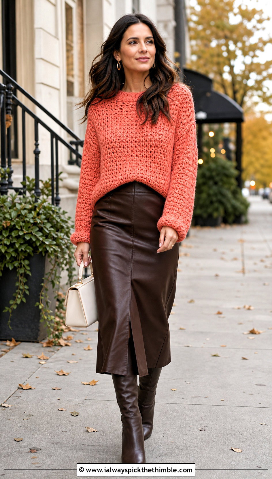 Chunky Crochet Sweater With Leather Midi Skirt - 20 women crochet clothes and outfit ideas