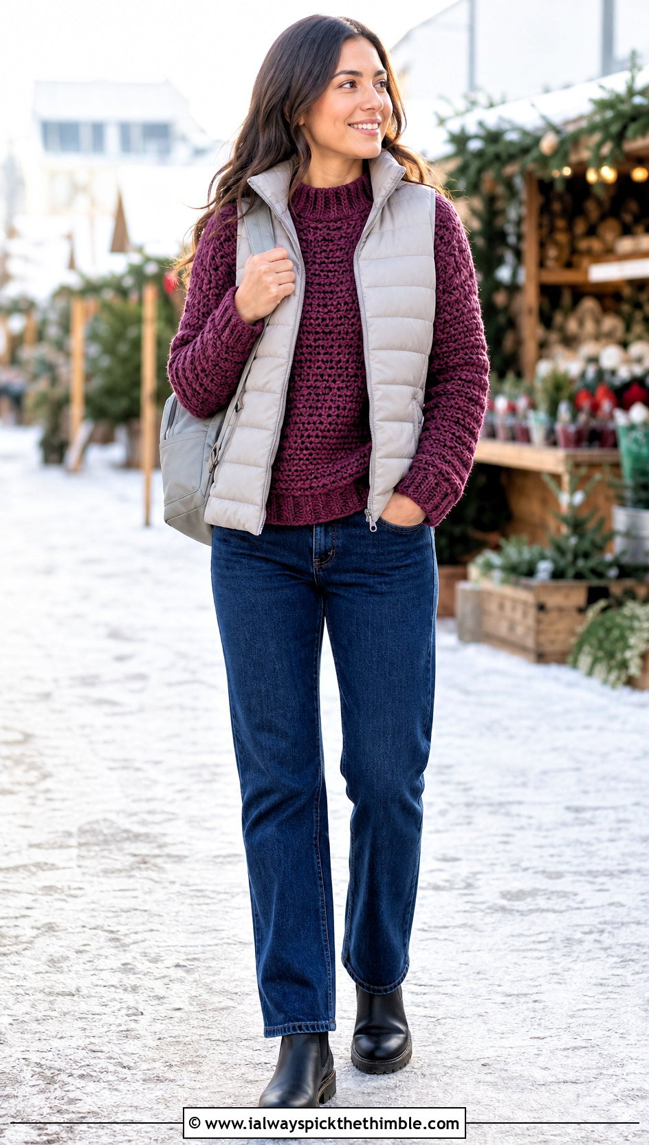 Chunky Crochet Sweater With Puffer Vest And Jeans - 25 crochet sweater women outfit ideas