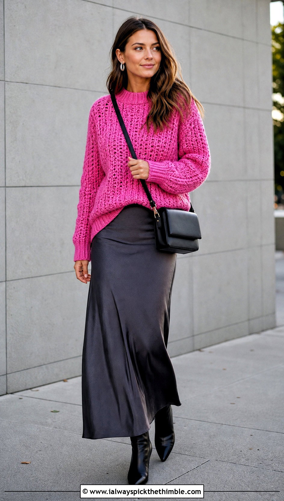 Chunky Crochet Sweater With Satin Maxi Skirt - 25 crochet garments outfit ideas