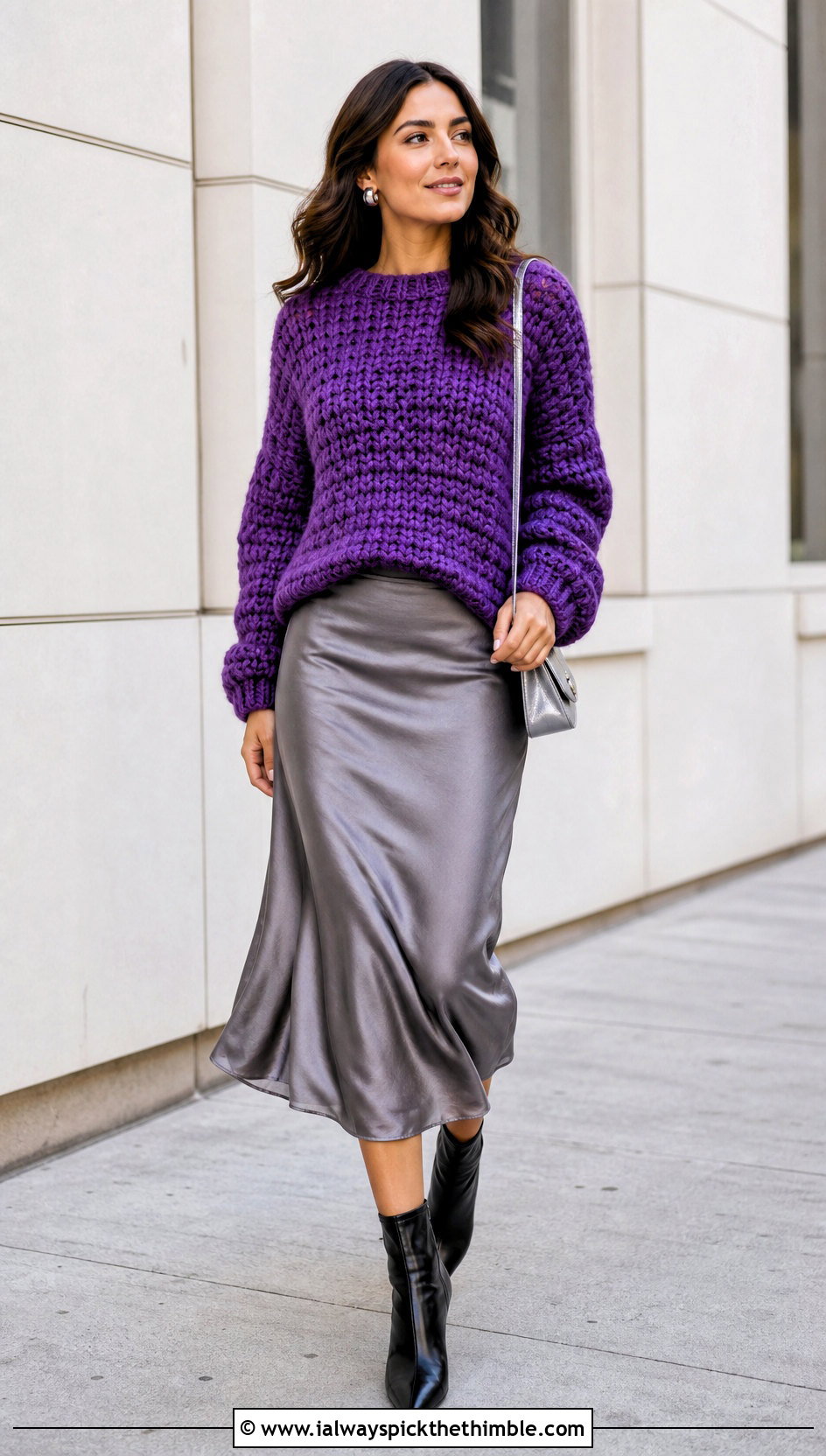 Chunky Crochet Sweater With Satin Midi Skirt - 25 crochet fall clothes and outfit ideas