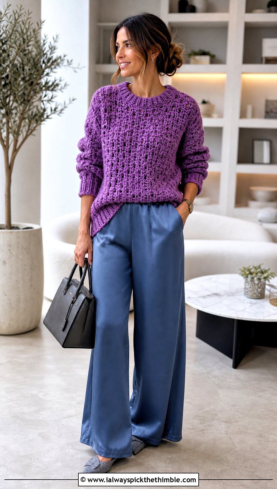 Chunky Crochet Sweater With Satin Pants - 25 crochet outfits ideas