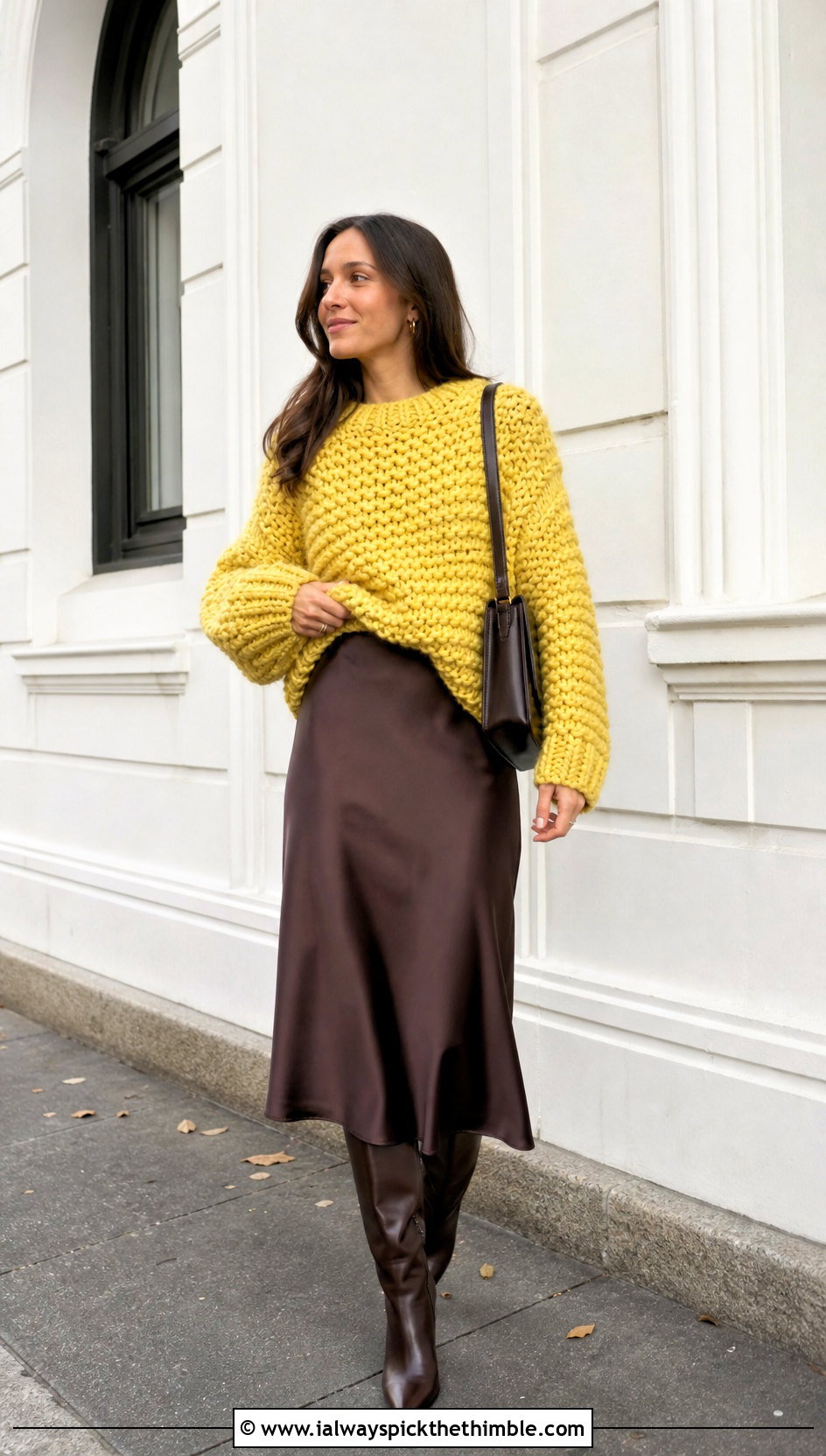 Chunky Crochet Sweater With Satin Skirt - 20 outfits to crochet outfit ideas