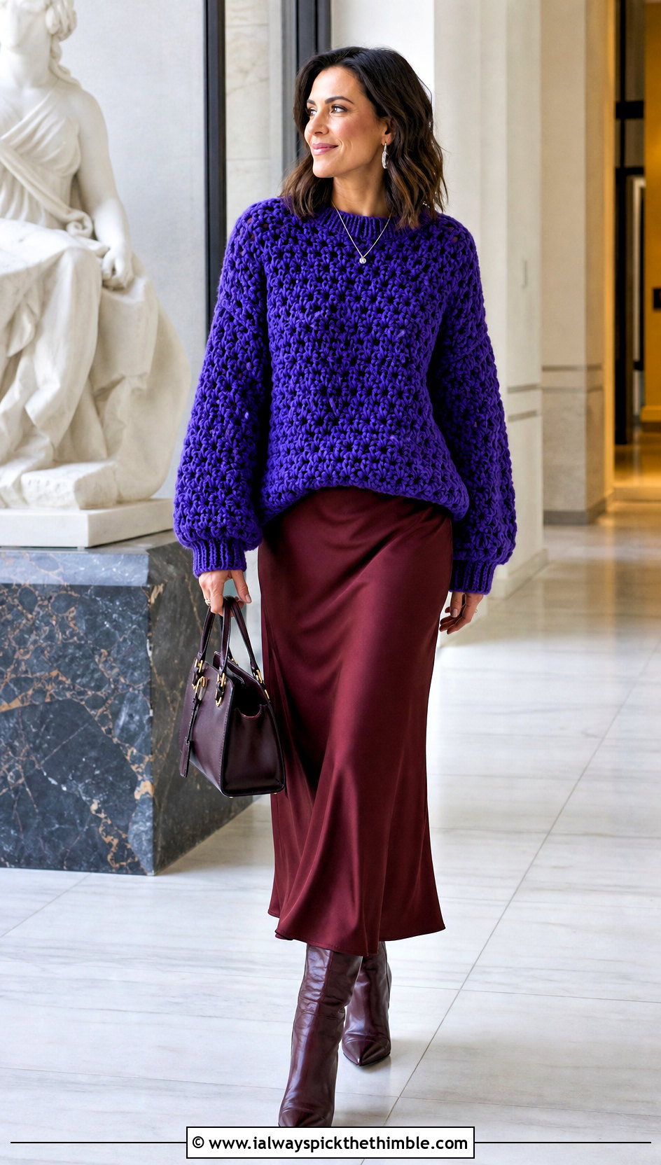 Chunky Crochet Sweater With Slip Skirt And Boots - 25 crochet sweaters outfit ideas