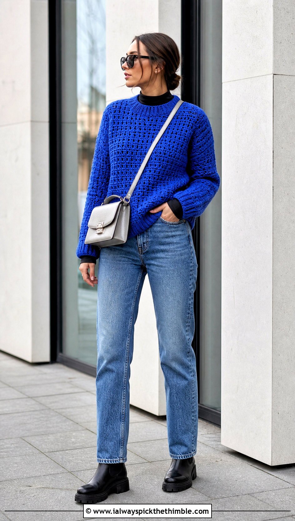 Chunky Crochet Sweater With Straight Leg Jeans - 20 crochet clothes for winter outfit ideas