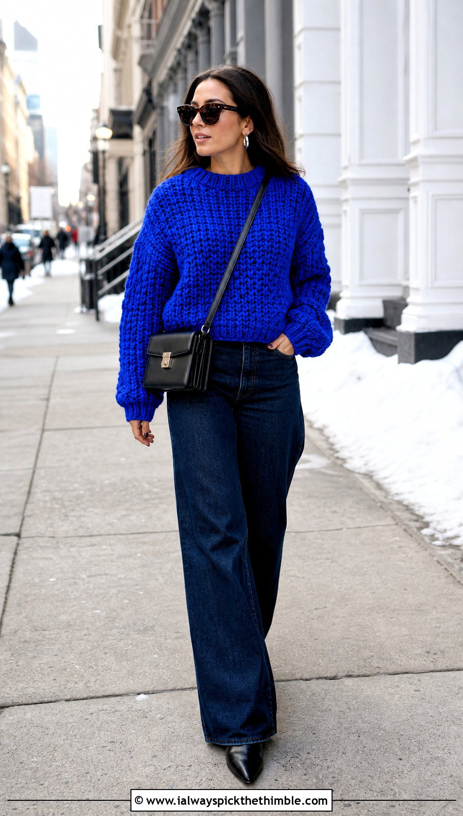 Chunky Crochet Sweater With Wide Leg Jeans - 25 Crochet Winter Outfits ideas