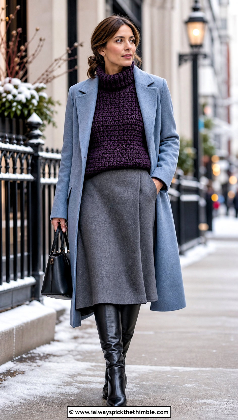 Chunky Crochet Sweater With Wool Coat And Midi Skirt - 20 cool crochet sweater outfit ideas