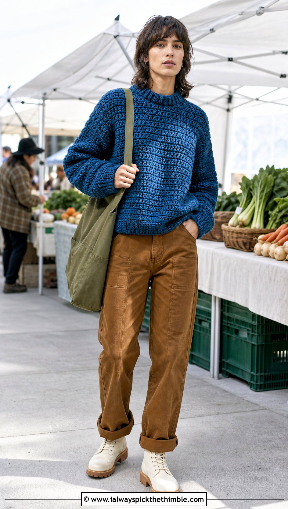 Chunky Crochet Sweater With Workwear Pants - 20 unisex crochet sweater outfit ideas