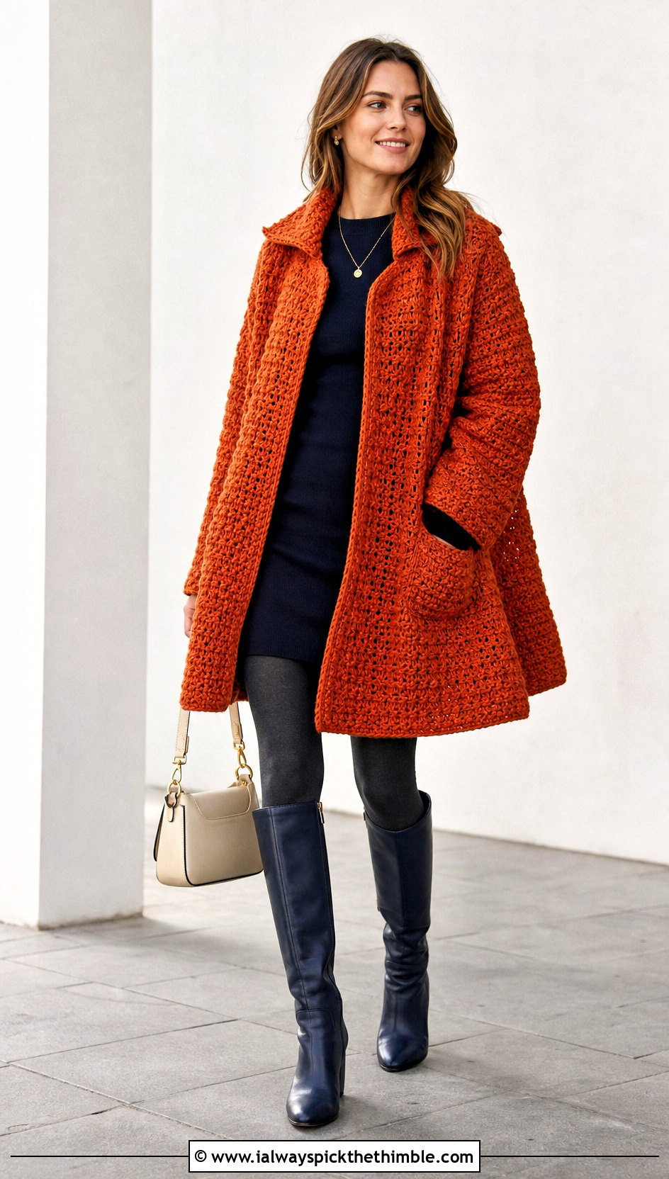 Chunky Crochet Swing Coat With Mini Dress - 20 Chunky Crochet Coat outfit ideas