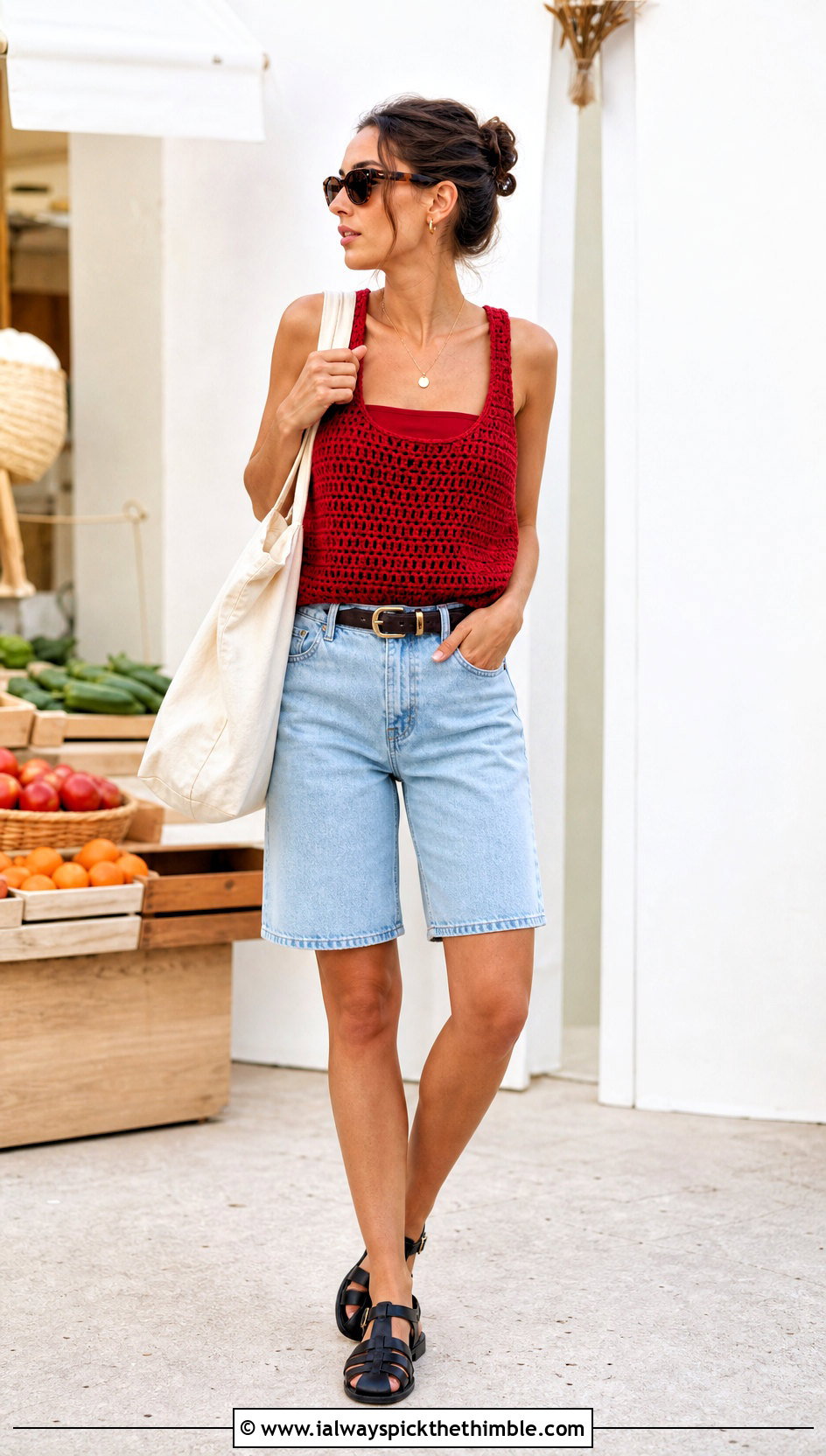 Chunky Crochet Tank Top With Denim Bermuda Shorts - 15 Chunky Crochet Top outfit ideas