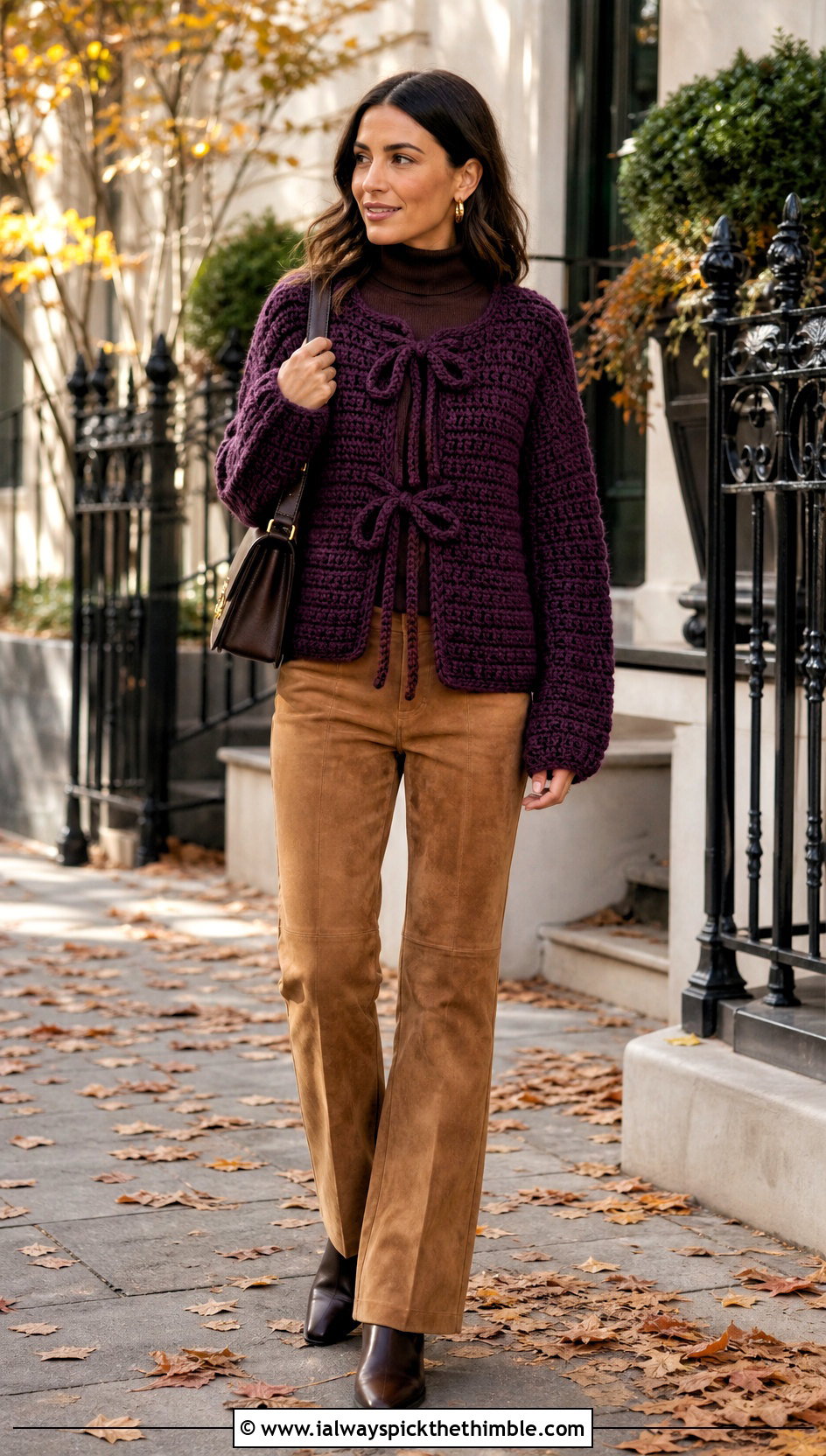 Chunky Crochet Tie Cardigan Top With Suede Pants - 25 crochet tie top outfit ideas
