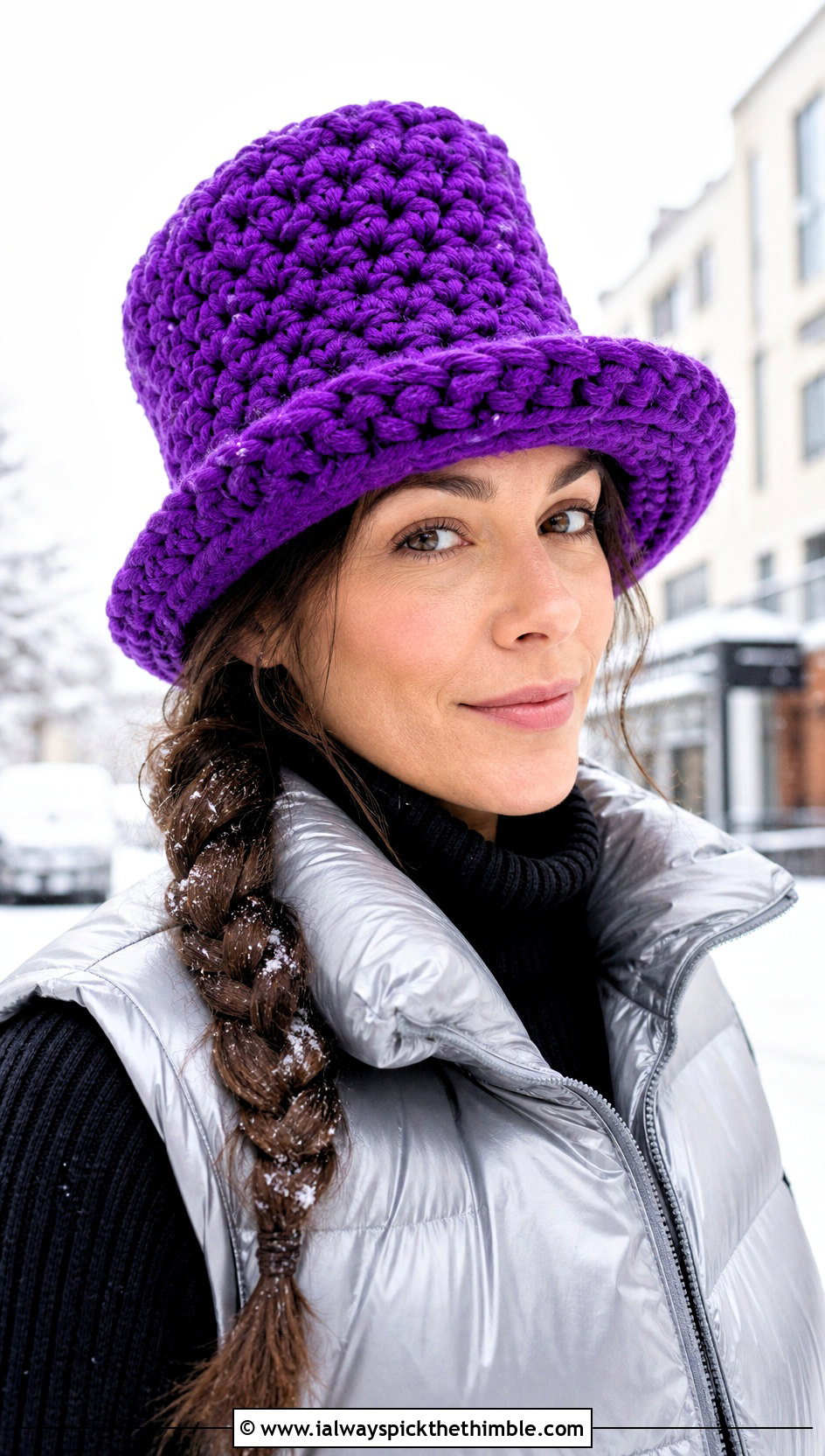 Chunky Crochet Top Hat With Puffer Vest - 25 crochet top hat outfit ideas