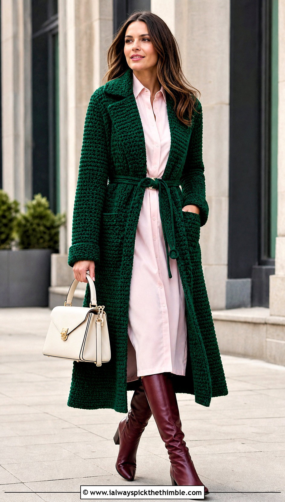 Chunky Crochet Trench Coat With Shirt Dress - 20 Chunky Crochet Coat outfit ideas