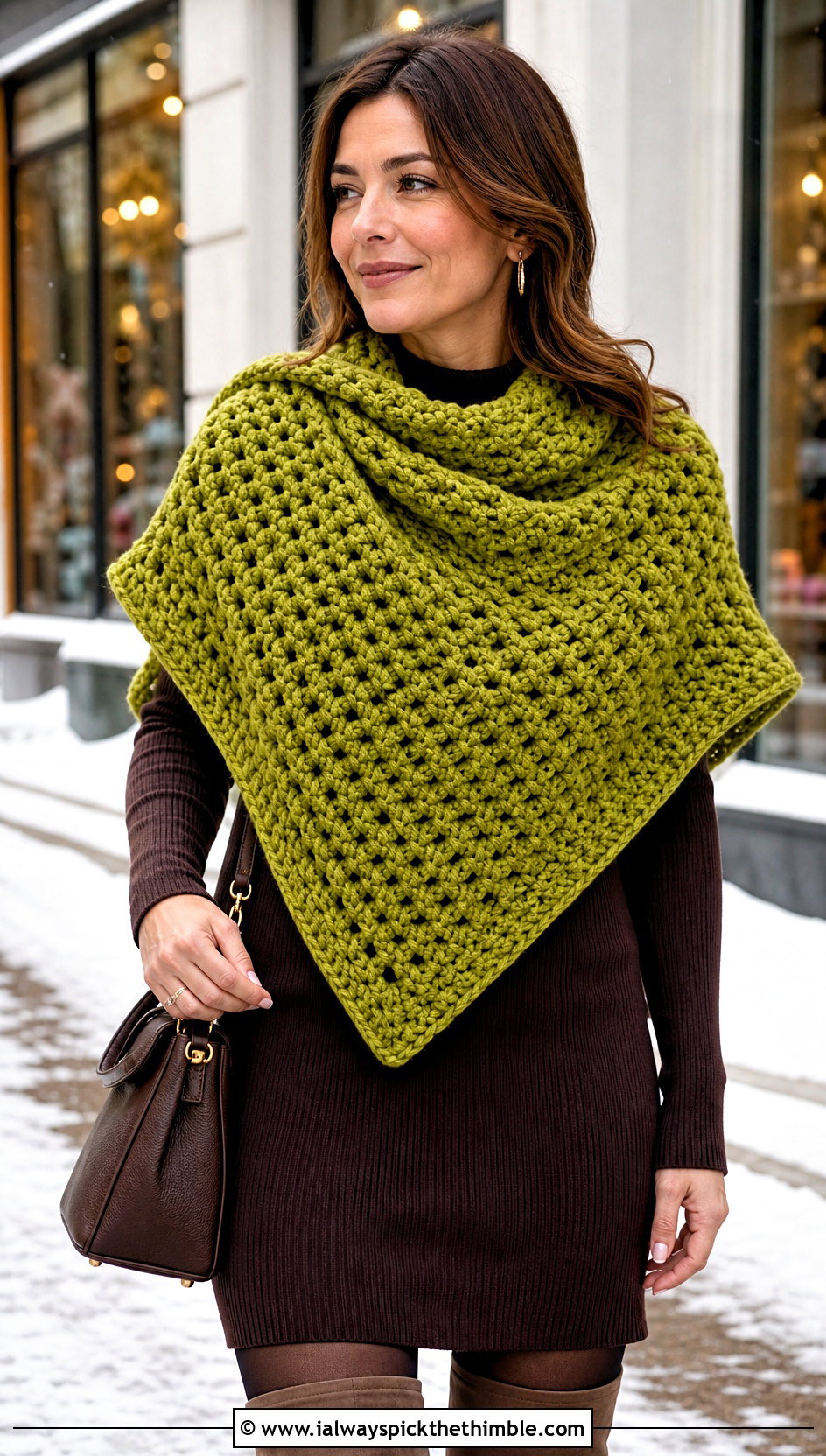 Chunky Crochet Triangle Shawl With Sweater Dress And Boots - 25 crochet triangle shawl outfit ideas