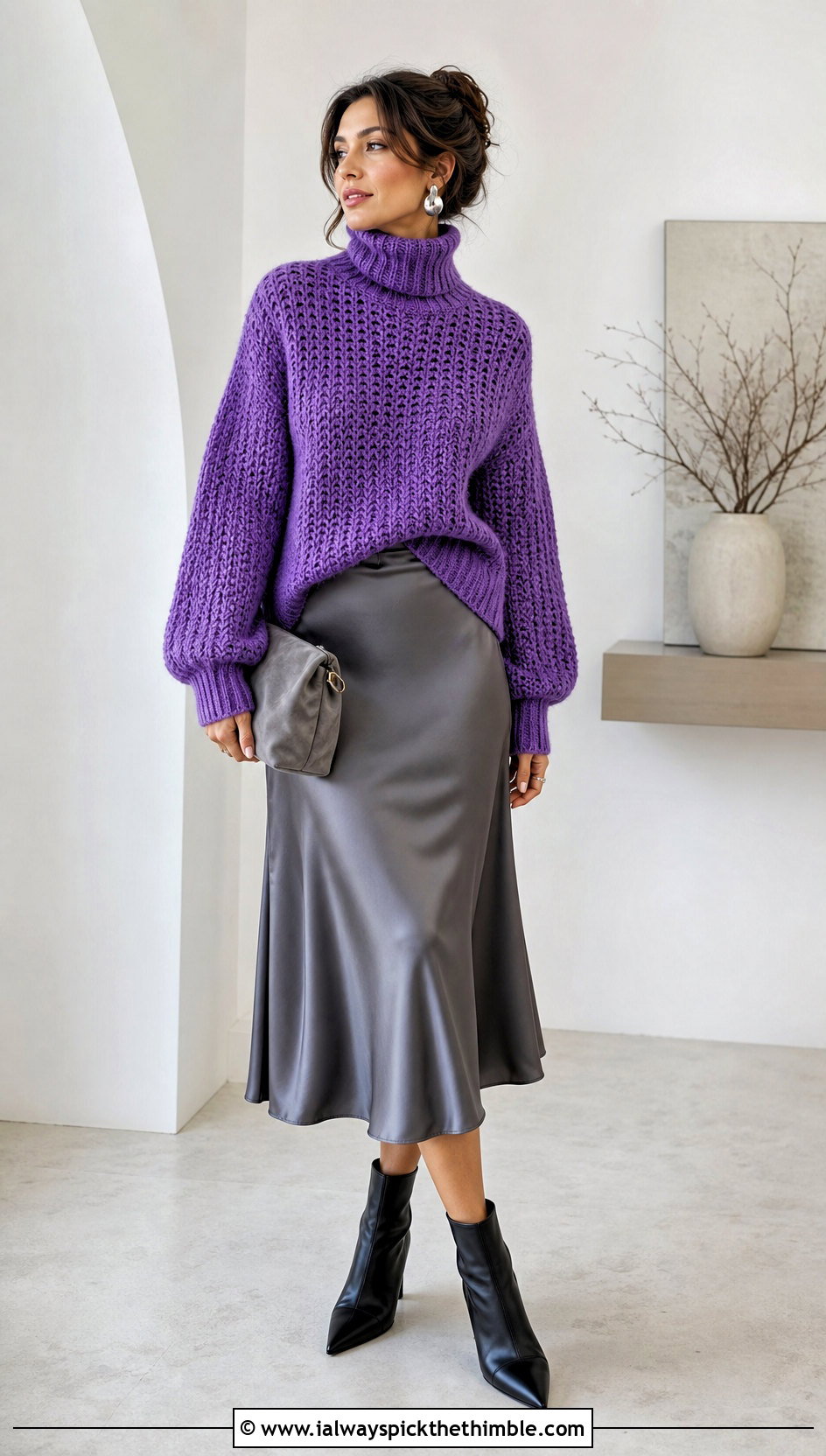 Chunky Crochet Turtleneck Sweater With Satin Midi Skirt - 20 crochet high neck sweater outfit ideas