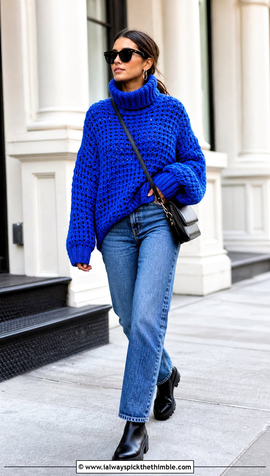 Chunky Crochet Turtleneck Sweater With Straight Leg Jeans - 20 crochet turtleneck sweater outfit ideas