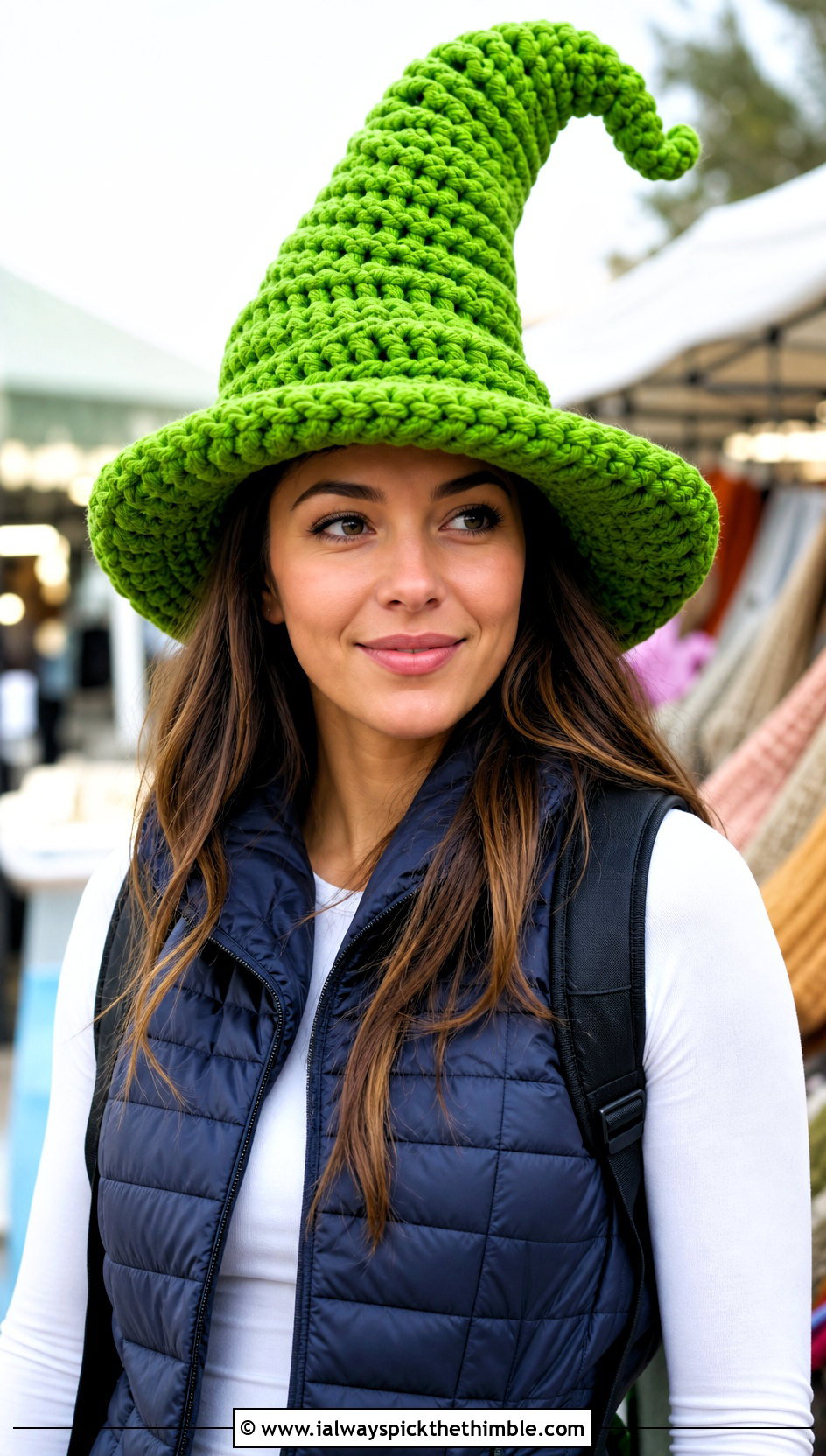Chunky Crochet Twisted Witch Hat With Puffer Vest - 20 crochet twisted witch hat outfit ideas