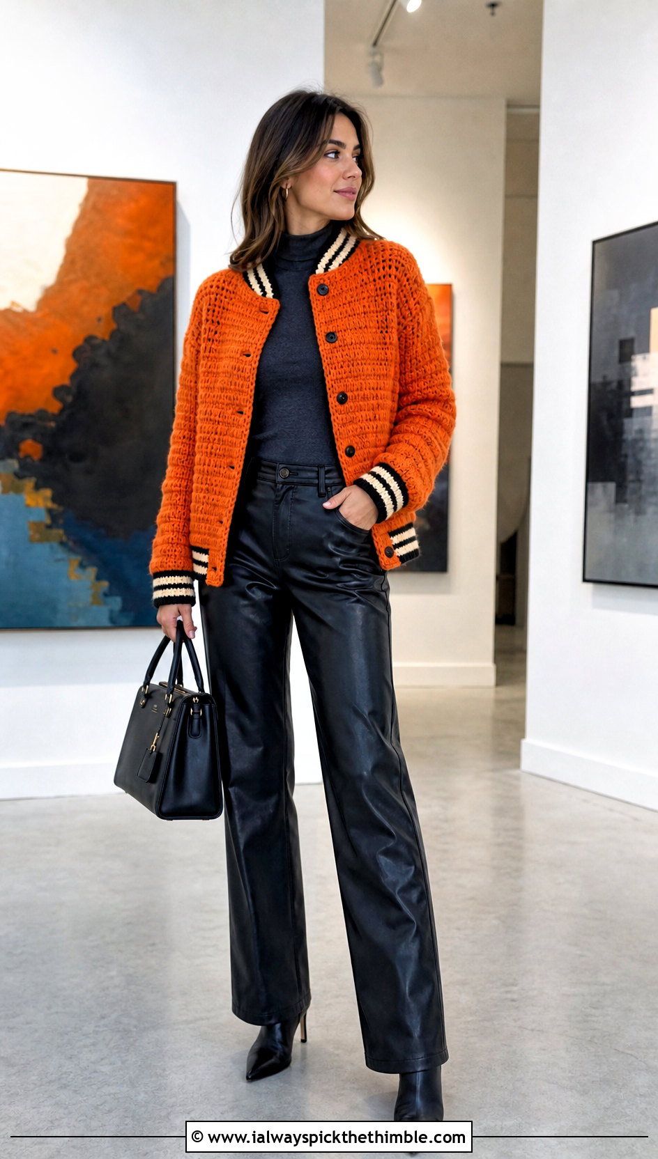 Chunky Crochet Varsity Jacket With Leather Pants - 25 crochet varsity jacket outfit ideas