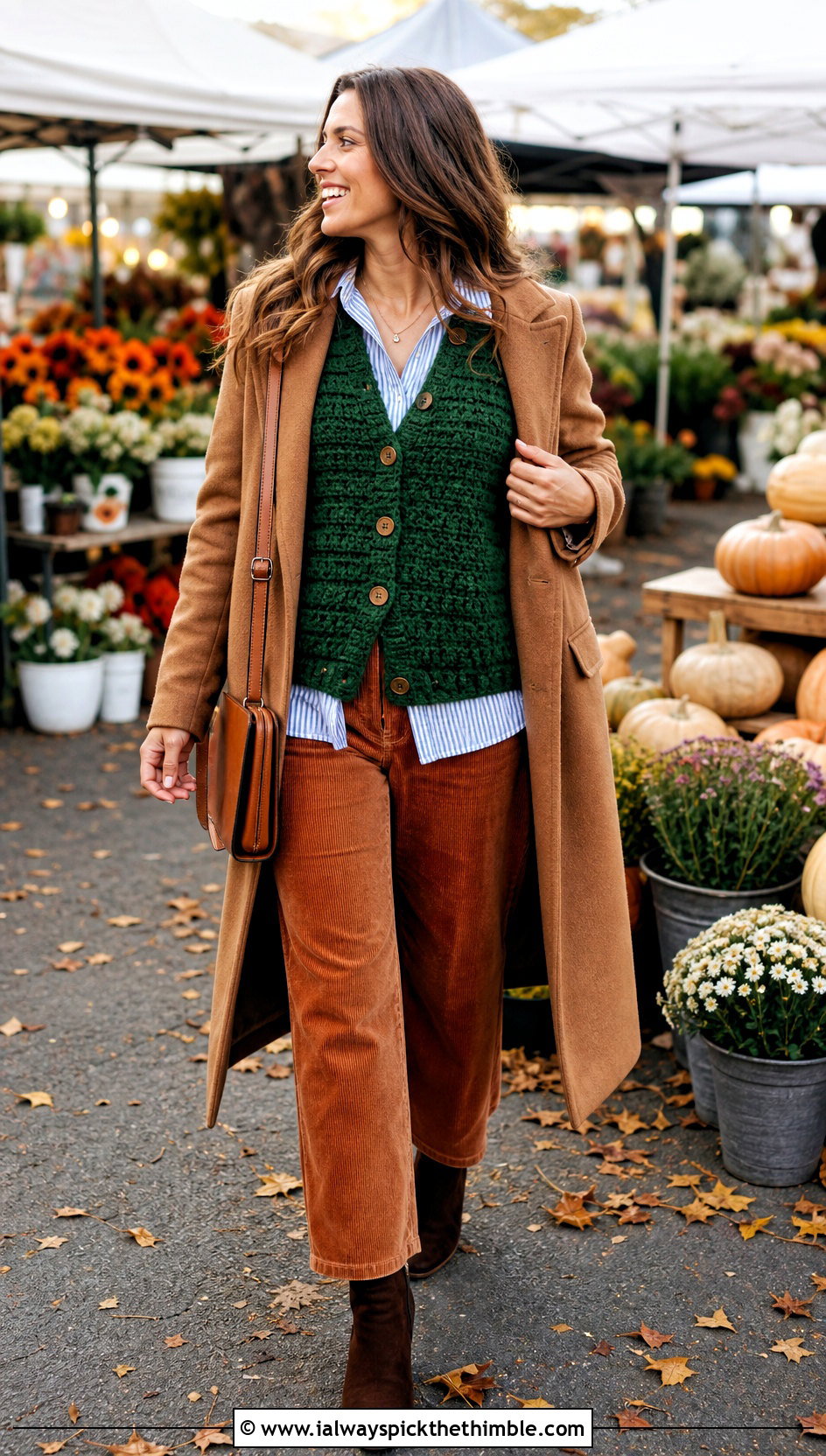 Chunky Crochet Vest With Corduroy Pants - 25 crochet vest outfit ideas