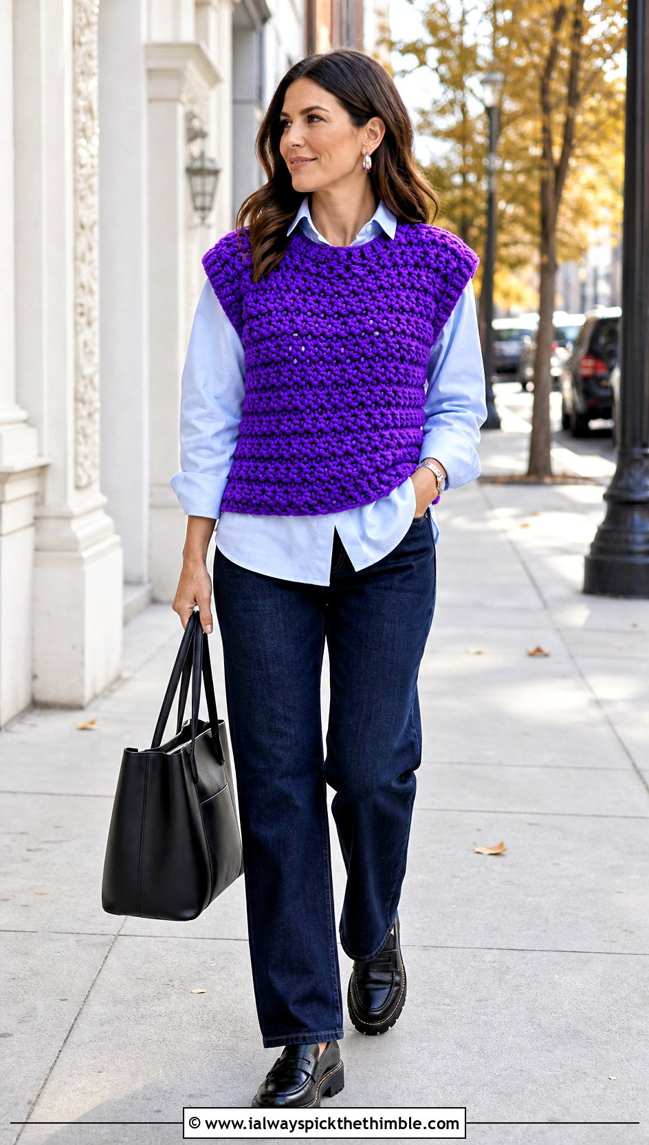 Chunky Crochet Vest With Shirt And Straight Jeans - 25 easy crochet vest outfit ideas
