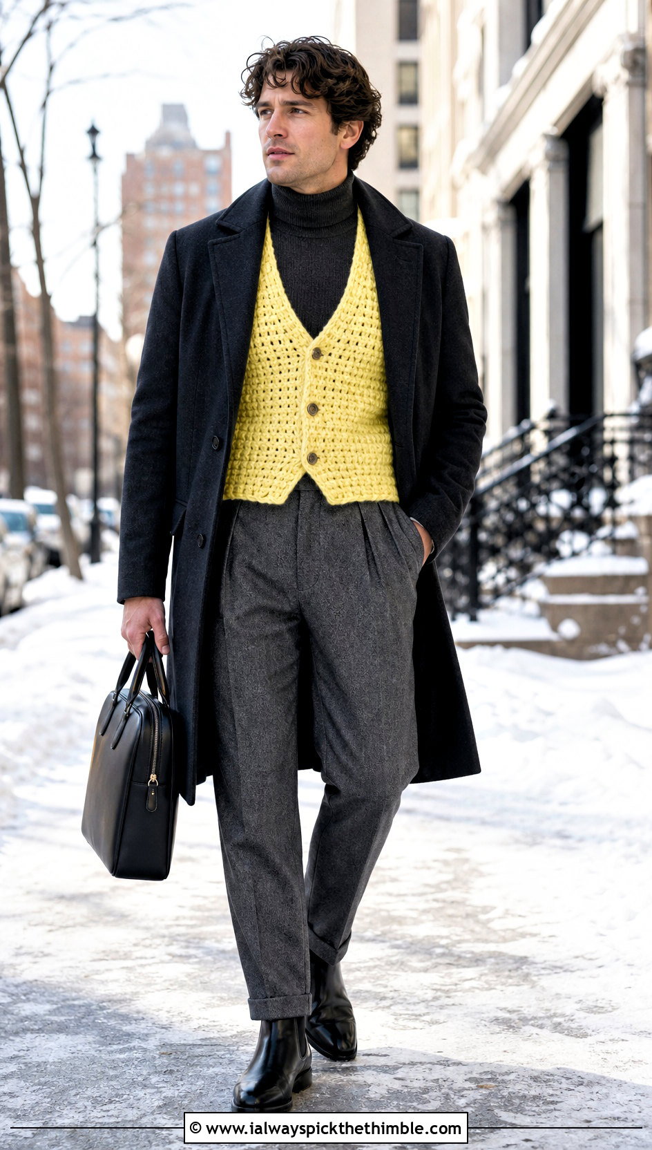 Chunky Crochet Vest With Turtleneck And Wool Trousers - 20 mens crochet vest outfit ideas