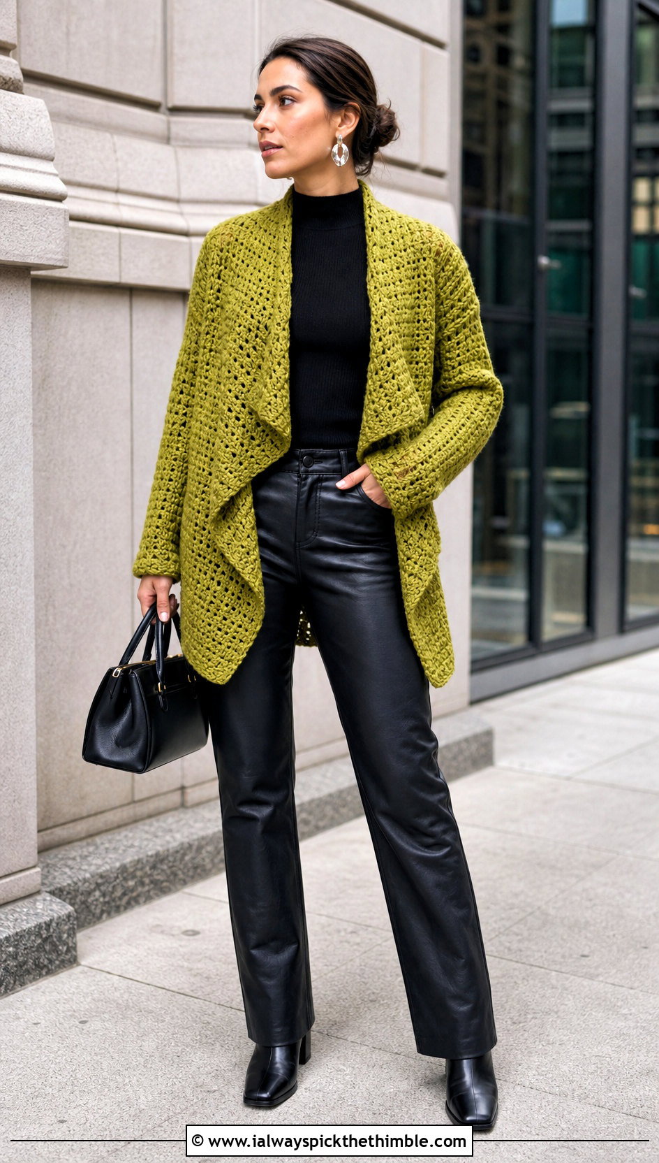 Chunky Crochet Waterfall Cardigan With Leather Pants - 20 crochet waterfall cardigan outfit ideas