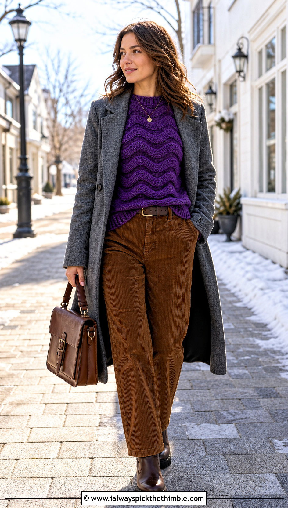 Chunky Crochet Wave Sweater With Corduroy Pants - 20 crochet wave sweater outfit ideas