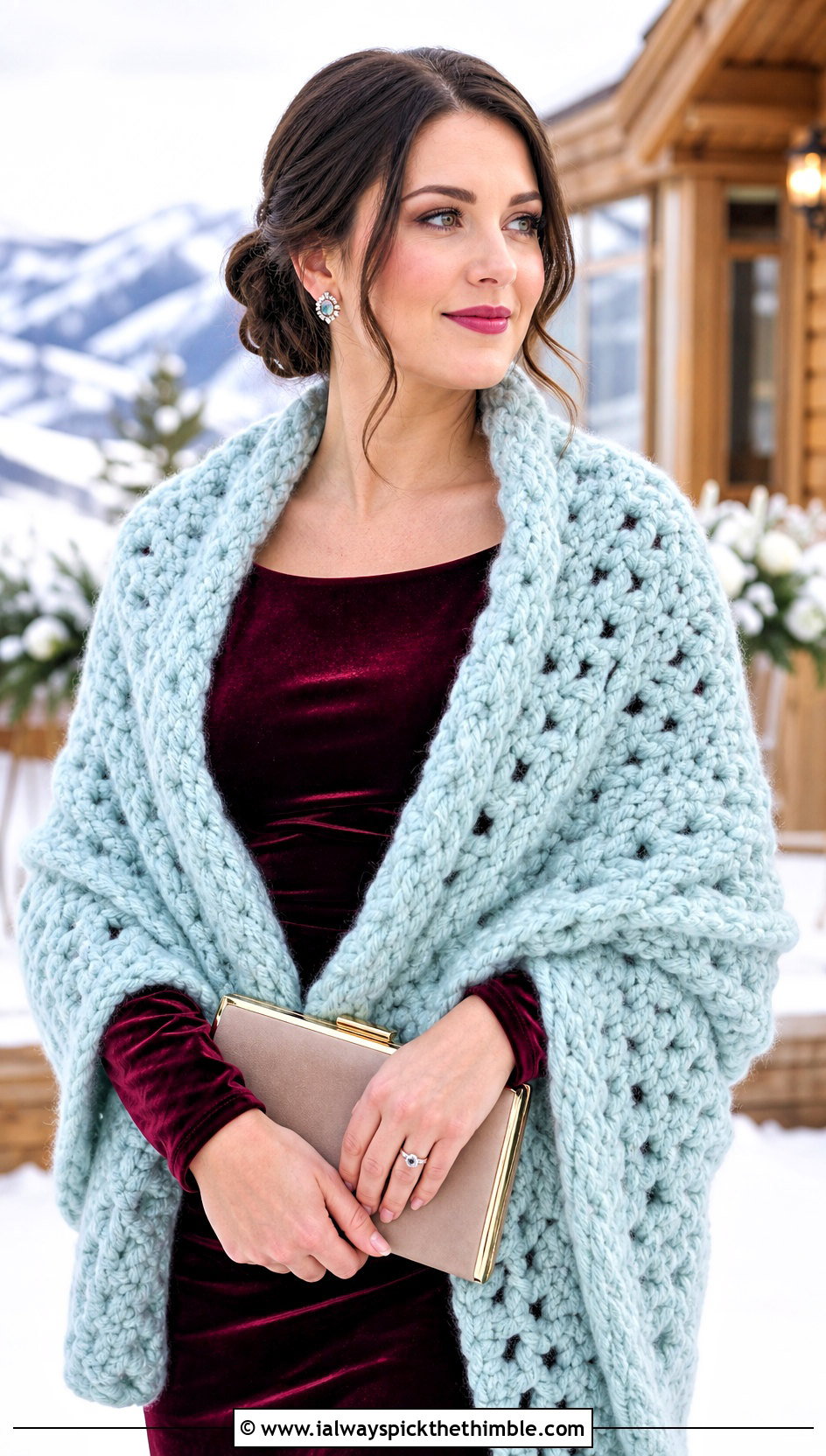 Chunky Crochet Wedding Shawl With Velvet Maxi Dress - 25 crochet wedding shawl outfit ideas