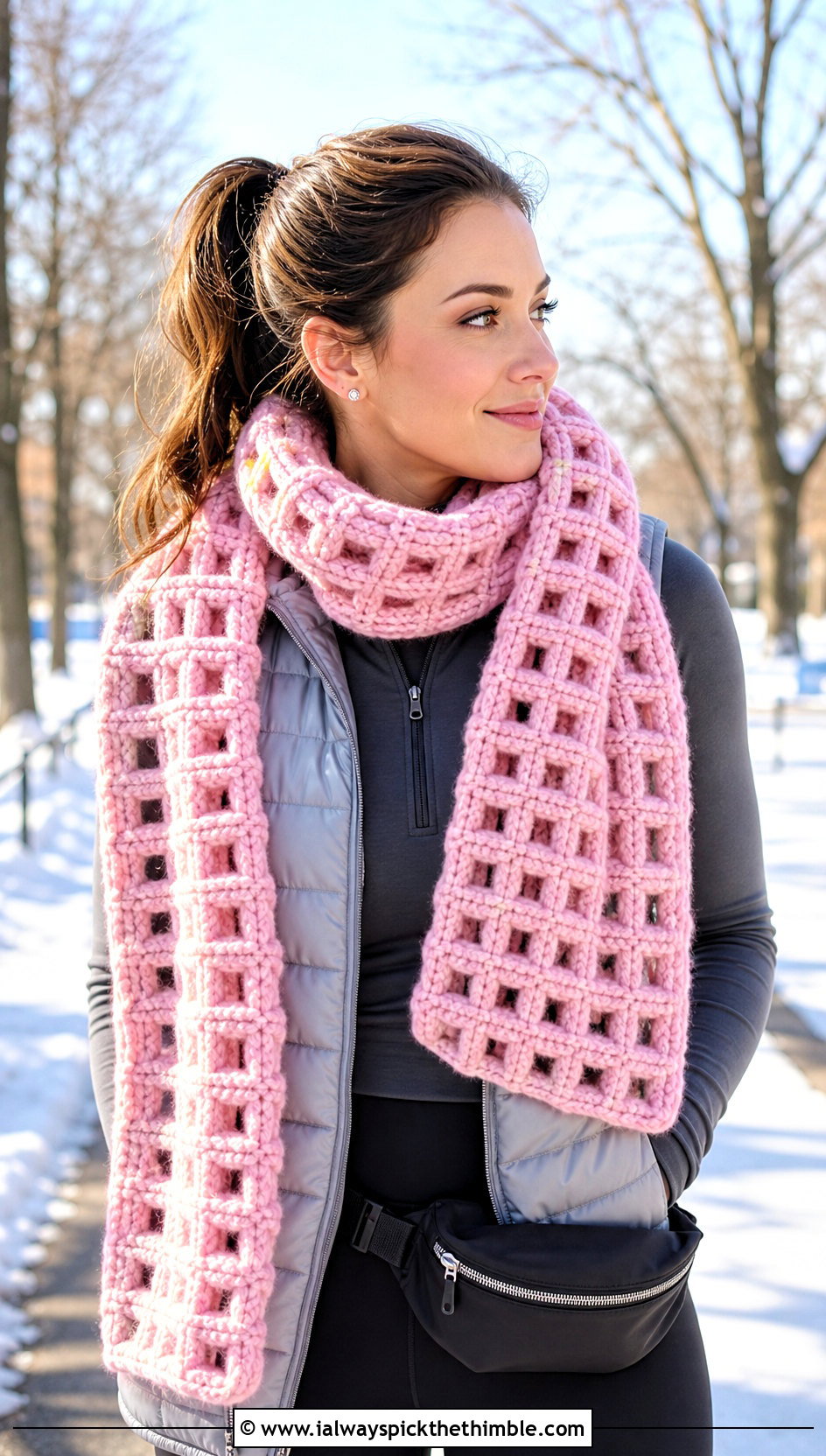 Chunky Crochet Windowpane Scarf With Puffer Vest - 15 crochet windowpane scarf outfit ideas