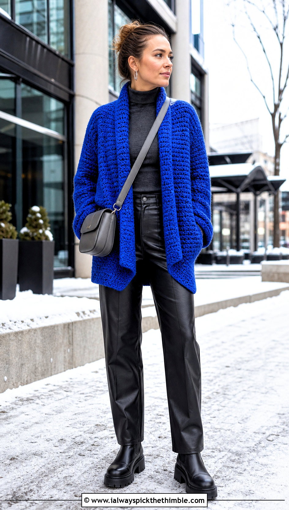 Chunky Crochet Wrap Cardigan With Leather Pants - 20 wrap crochet cardigan outfit ideas