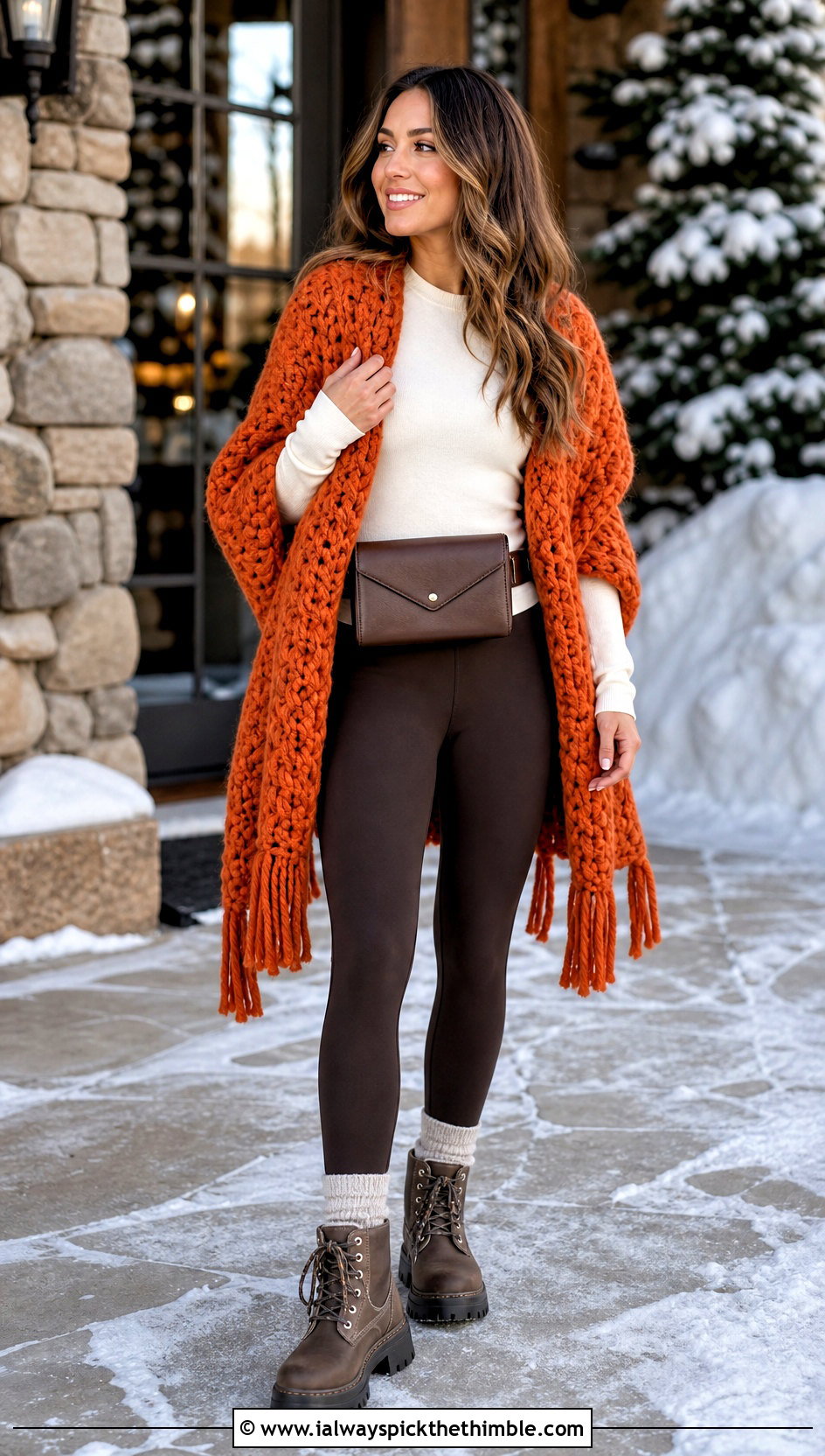 Chunky Crochet Wrap Shawl With Leggings - 25 crochet wrap shawl outfit ideas