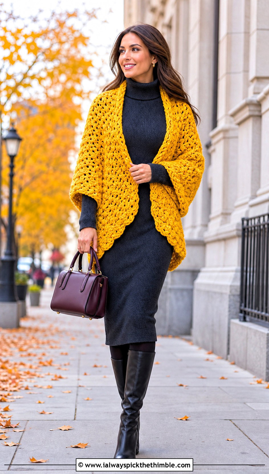 Chunky Crochet Wrap Shrug With Knit Dress - 25 Crochet Wrap Shrug outfit ideas