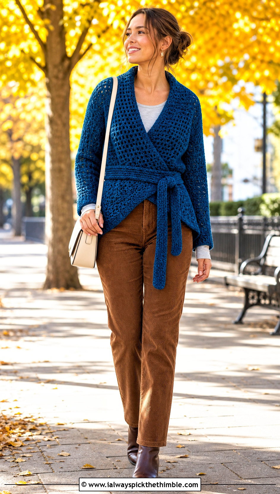 Chunky Crochet Wrap Sweater Top With Corduroy Pants - 20 wrap around crochet top outfit ideas