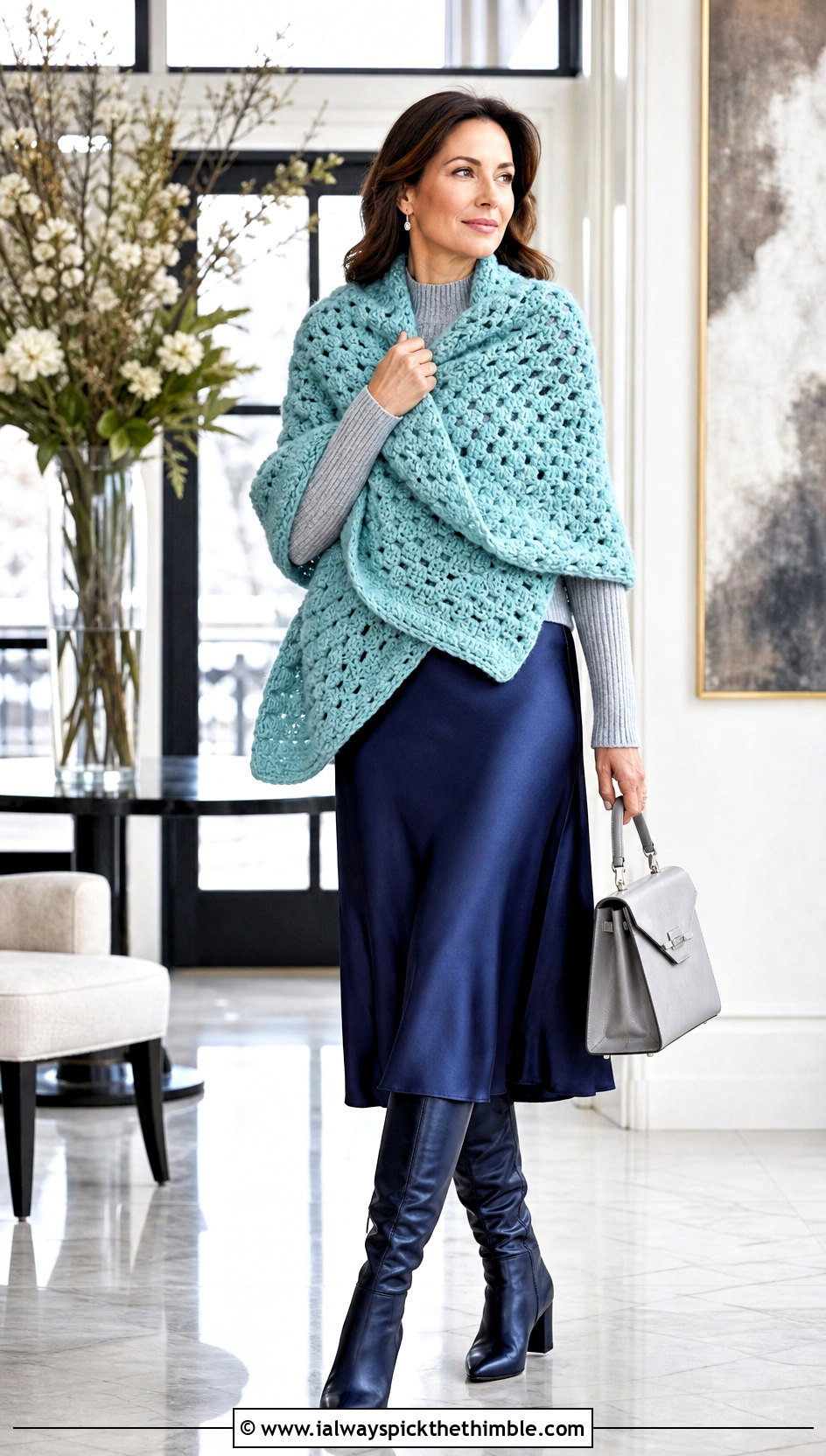 Chunky Crochet Wrap With Satin Skirt - 20 Elegant Crochet Shawl outfit ideas