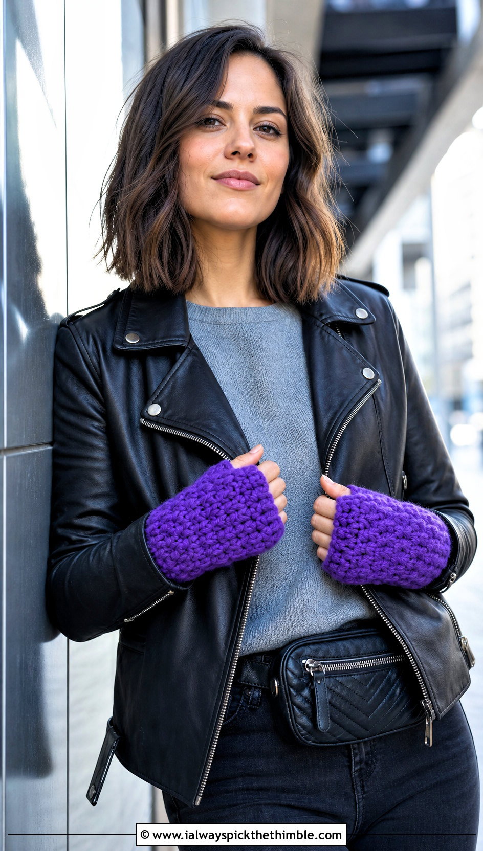 Chunky Crochet Wrist Warmers With Leather Jacket - 20 crochet half gloves fingerless mitts outfit ideas